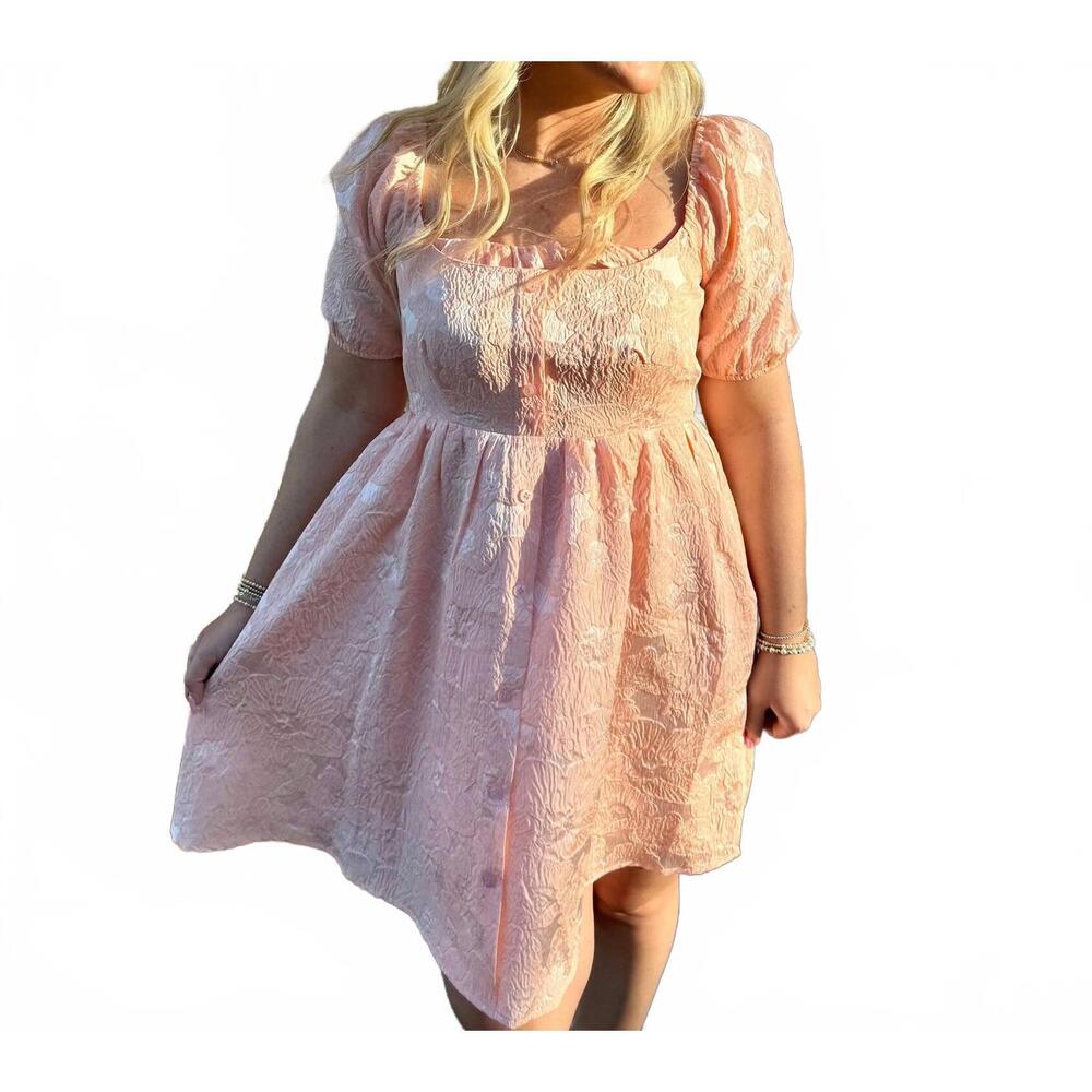 NEW B.RIGHT jacquard puff sleeve mini dress in peach